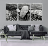 32353707-MGV-FC-60X30-3P_White-Black White Surfing Wall Art Canvas Print, Framed Coastal Surfing Art Picture Print, Wave Riders Perfect Coastal Adventure Decor