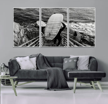 32353707-MGV-FC-60X30-3P_White-Black White Surfing Wall Art Canvas Print, Framed Coastal Surfing Art Picture Print, Wave Riders Perfect Coastal Adventure Decor