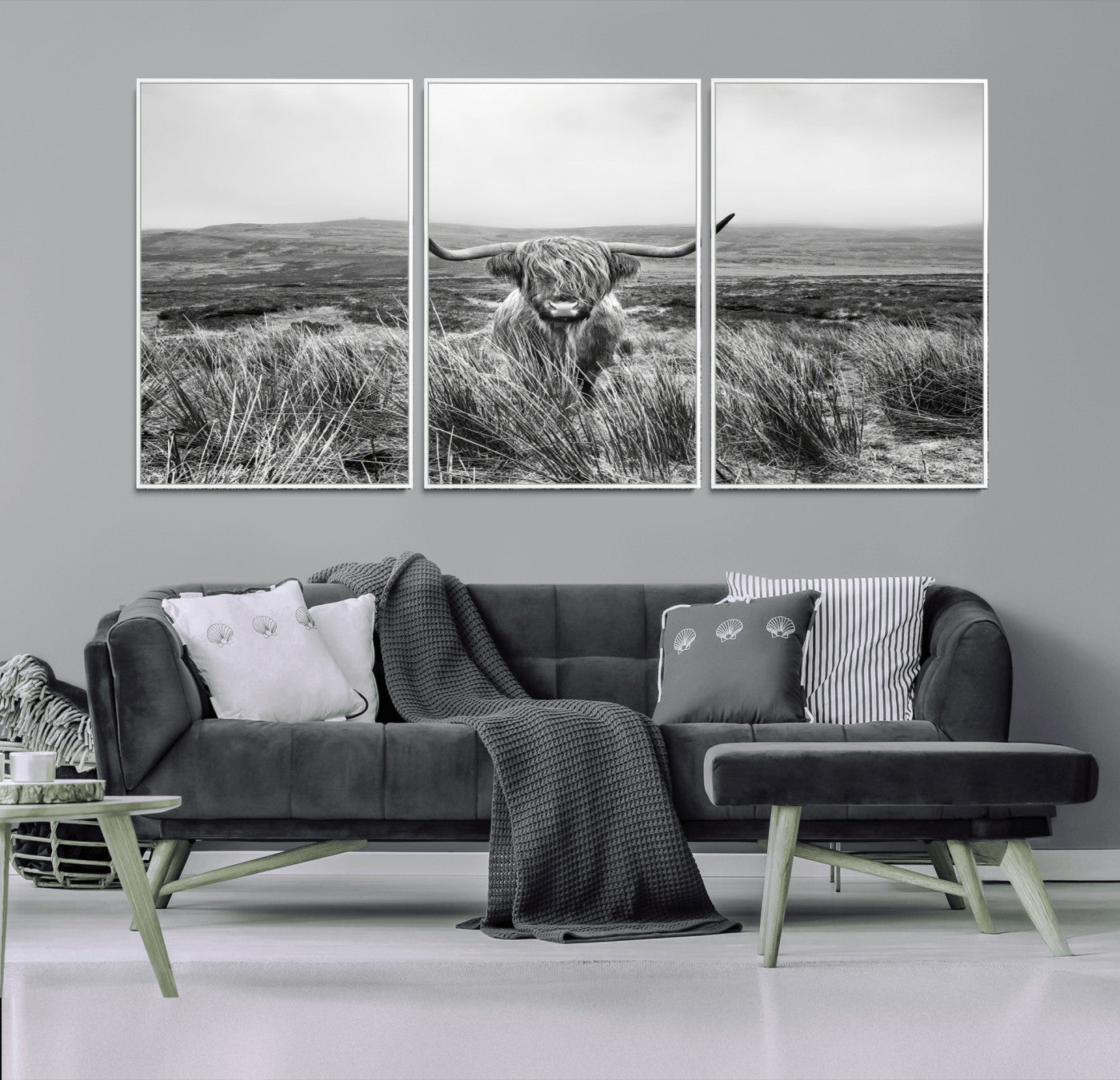 24051061-MGV-FC-60X30-3P_White-Monochrome Highland Cow Wall Art Canvas Print, Framed Scottish Bull Art Picture Print, Lone Cattle Perfect Rustic Farmhouse Decor