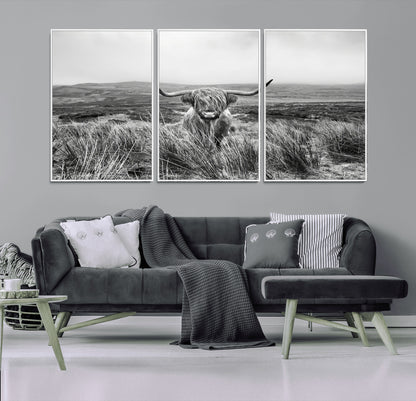 24051061-MGV-FC-60X30-3P_White-Monochrome Highland Cow Wall Art Canvas Print, Framed Scottish Bull Art Picture Print, Lone Cattle Perfect Rustic Farmhouse Decor