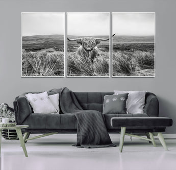24051061-MGV-CV-36X24-Monochrome Highland Cow Wall Art Canvas Print, Framed Scottish Bull Art Picture Print, Lone Cattle Perfect Rustic Farmhouse Decor