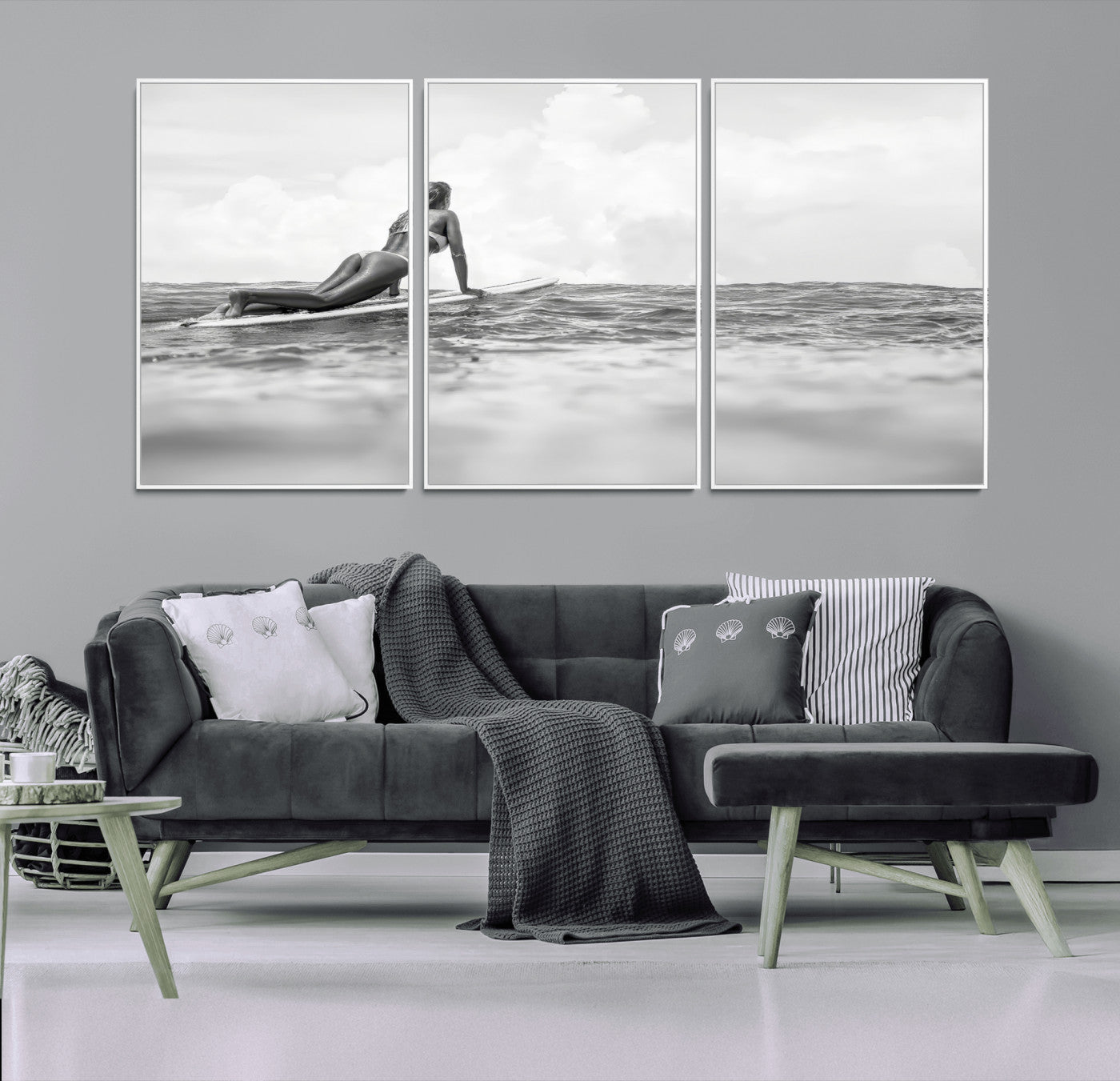 69798068-MGV-FC-60X30-3P_White-Black White Surfing Wall Art Canvas Print, Framed Ocean Horizon Art Picture Print, Surfer Girl Perfect Coastal Adventure Decor
