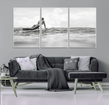 69798068-MGV-FC-60X30-3P_White-Black White Surfing Wall Art Canvas Print, Framed Ocean Horizon Art Picture Print, Surfer Girl Perfect Coastal Adventure Decor