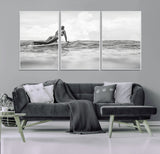 69798068-MGV-CV-36X24-Black White Surfing Wall Art Canvas Print, Framed Ocean Horizon Art Picture Print, Surfer Girl Perfect Coastal Adventure Decor