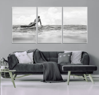 69798068-MGV-CV-36X24-Black White Surfing Wall Art Canvas Print, Framed Ocean Horizon Art Picture Print, Surfer Girl Perfect Coastal Adventure Decor