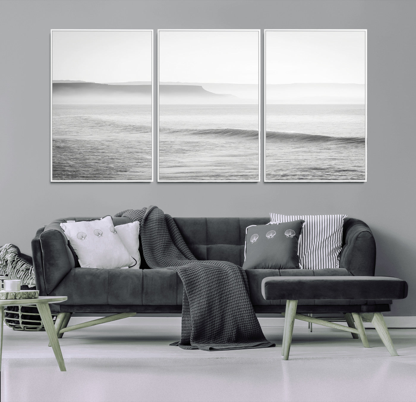 60635783-MGV-FC-60X30-3P_White-Black White Seascape Wall Art Canvas Print, Framed Ocean Waves Art Picture Print, Misty Coastal Perfect Minimalist Coastal Decor