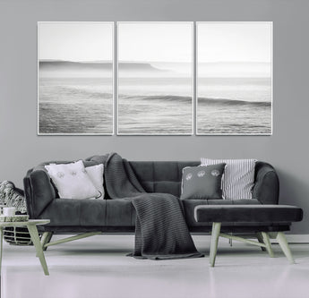 60635783-MGV-FC-60X30-3P_White-Black White Seascape Wall Art Canvas Print, Framed Ocean Waves Art Picture Print, Misty Coastal Perfect Minimalist Coastal Decor