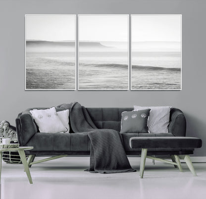 60635783-MGV-FC-60X30-3P_White-Black White Seascape Wall Art Canvas Print, Framed Ocean Waves Art Picture Print, Misty Coastal Perfect Minimalist Coastal Decor
