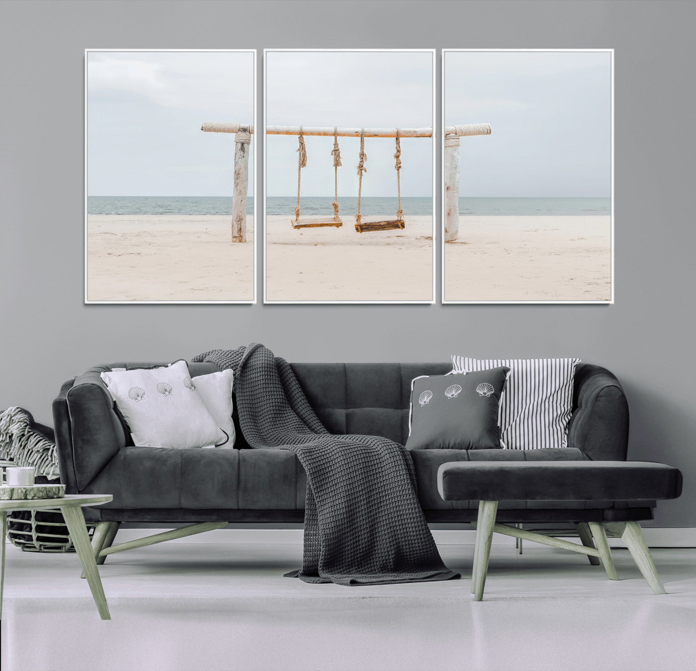 68327283-MGV-FC-60X30-3P_White-Beach Swing Wall Art Canvas Print, Framed Quiet Beach Art Picture Print, Calm Shoreline Perfect Bohemian Coastal Decor Artwork