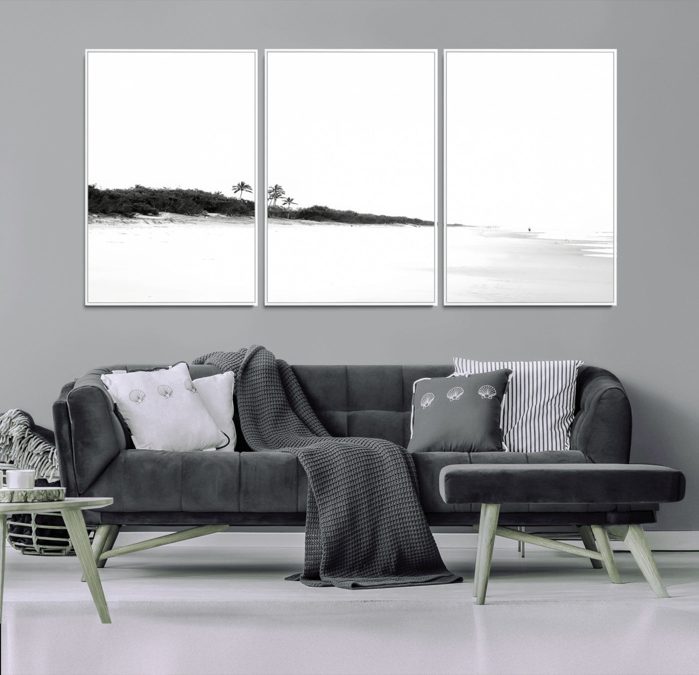 29611516-MGV-CV-36X24-Black White Beach Wall Art Canvas Print, Framed Palm Trees Art Picture Print, Monochrome Tropical Perfect Minimalist Coastal Decor