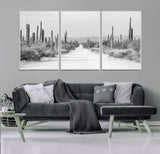 35537313-MGV-FC-60X30-3P_White-Monochrome Desert Wall Art Canvas Print, Framed Cactus Path Art Picture Print, Southwestern Landscape Perfect Southwestern
