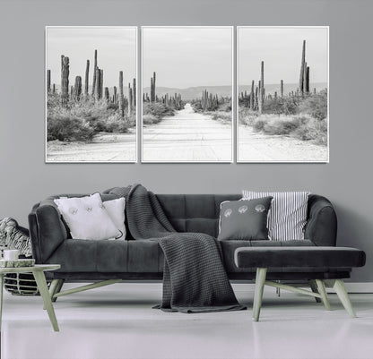 35537313-MGV-FC-60X30-3P_White-Monochrome Desert Wall Art Canvas Print, Framed Cactus Path Art Picture Print, Southwestern Landscape Perfect Southwestern