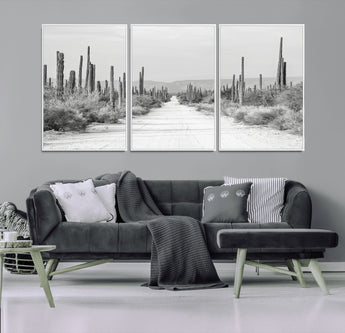 35537313-MGV-CV-36X24-Monochrome Desert Wall Art Canvas Print, Framed Cactus Path Art Picture Print, Southwestern Landscape Perfect Southwestern