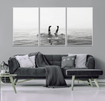 26667396-MGV-FC-60X30-3P_White-Black White Ocean Wall Art Canvas Print, Framed Monochrome Water Art Picture Print, Diving into Water Perfect Minimalist Aquatic