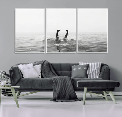 26667396-MGV-CV-36X24-Black White Ocean Wall Art Canvas Print, Framed Monochrome Water Art Picture Print, Diving into Water Perfect Minimalist Aquatic