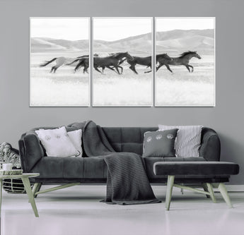 69934913-MGV-CV-36X24-Wild Horses Running Wall Art Canvas Print, Framed Black White Mustangs Art Picture Print, Rustic Western Perfect Rustic Western
