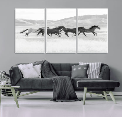 69934913-MGV-CV-36X24-Wild Horses Running Wall Art Canvas Print, Framed Black White Mustangs Art Picture Print, Rustic Western Perfect Rustic Western