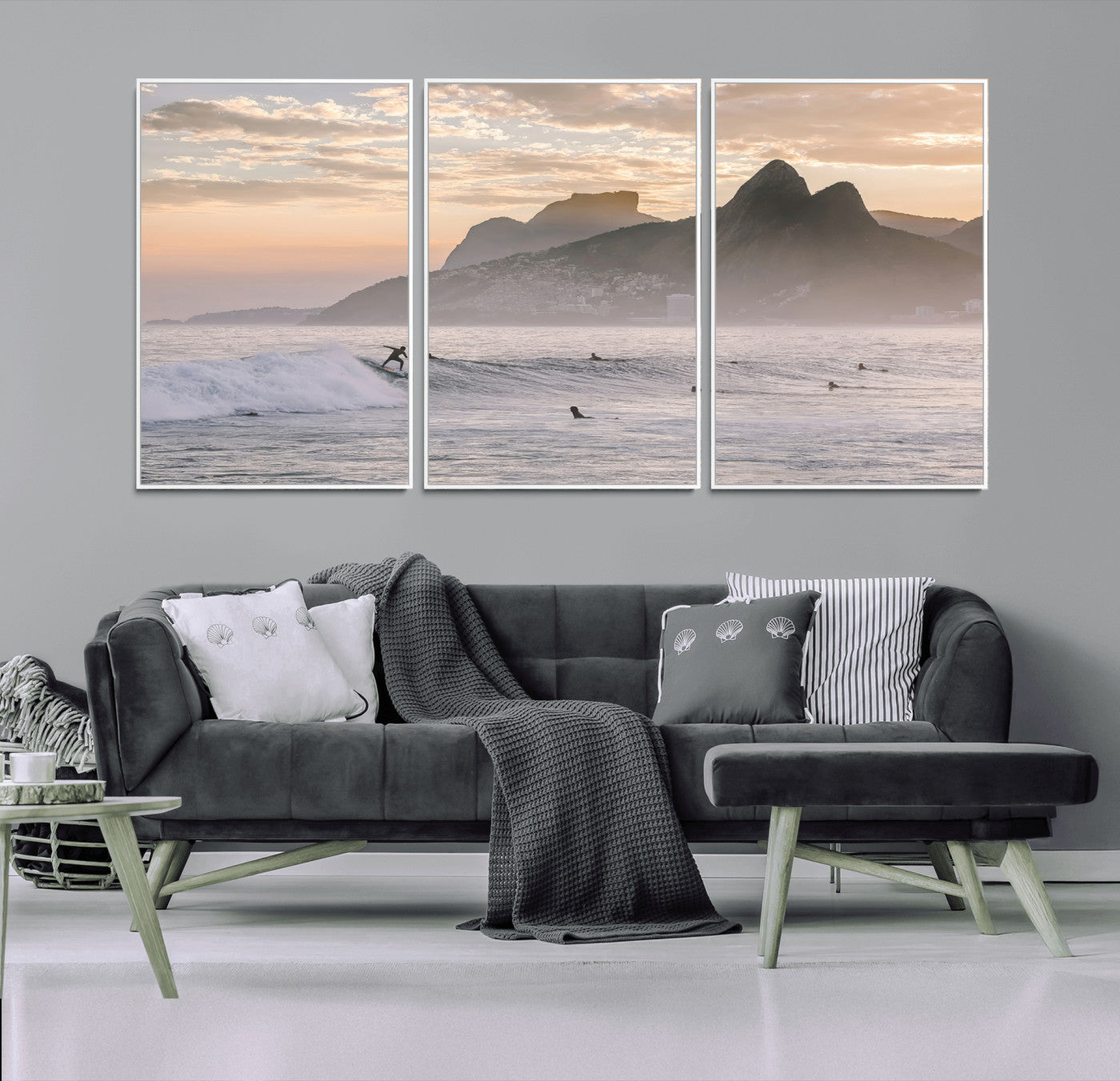 70644906-MGV-FC-60X30-3P_White-Sunset Surfing Wall Art Canvas Print, Framed Misty Mountains Art Picture Print, Surfer Riding Wave Perfect Coastal Adventure Decor