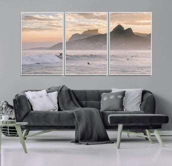 70644906-MGV-FC-60X30-3P_White-Sunset Surfing Wall Art Canvas Print, Framed Misty Mountains Art Picture Print, Surfer Riding Wave Perfect Coastal Adventure Decor