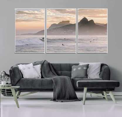 70644906-MGV-CV-36X24-Sunset Surfing Wall Art Canvas Print, Framed Misty Mountains Art Picture Print, Surfer Riding Wave Perfect Coastal Adventure Decor