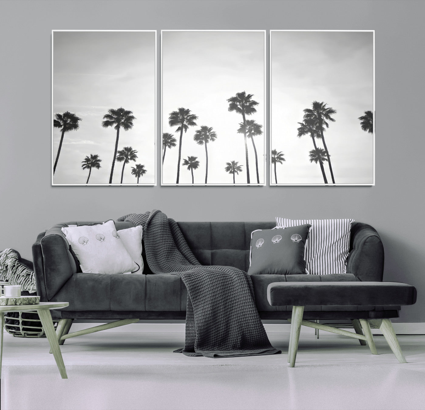 62298277-MGV-FC-60X30-3P_White-Monochrome Palms Wall Art Canvas Print, Framed Minimalist Trees Art Picture Print, Silhouetted Palms Perfect Tropical Minimalist