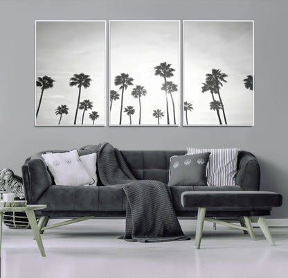 62298277-MGV-FC-60X30-3P_White-Monochrome Palms Wall Art Canvas Print, Framed Minimalist Trees Art Picture Print, Silhouetted Palms Perfect Tropical Minimalist