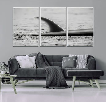 62314230-MGV-CV-36X24-Black White Surfboard Wall Art Canvas Print, Framed Minimalist Beach Art Picture Print, Surf Fin Perfect Minimalist Coastal Decor