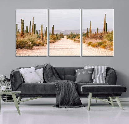 30742780-MGV-FC-60X30-3P_White-Desert Cactus Wall Art Canvas Print, Framed Southwestern Art Picture Print, Bohemian Western Perfect Southwestern Boho Decor
