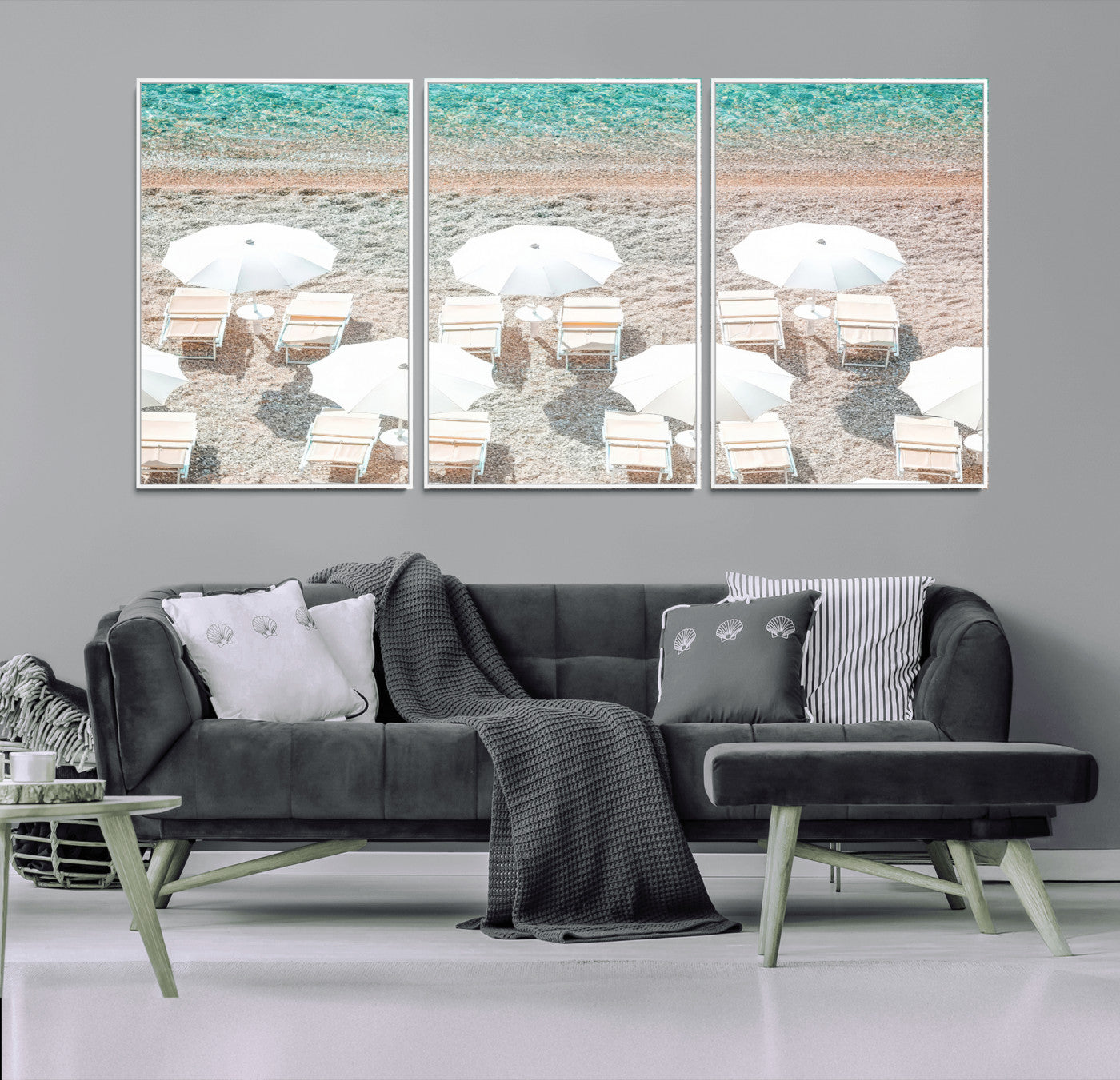 83736167-MGV-FC-60X30-3P_White-Calm Beach Wall Art Canvas Print, Framed Turquoise Water Art Picture Print, Umbrella Shoreline Perfect Coastal Minimalist Decor