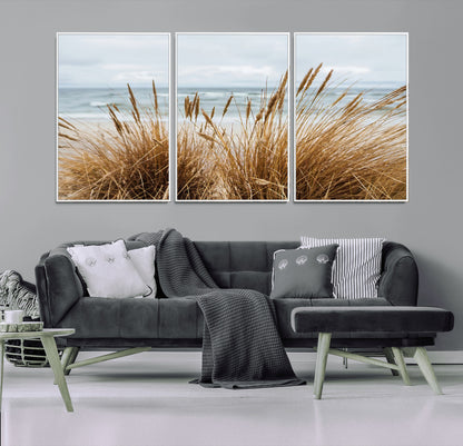 14270839-MGV-FC-60X30-3P_White-Beach Grass Wall Art Canvas Print, Framed Coastal Dunes Art Picture Print, Dune Grass Perfect Coastal Minimalist Decor Artwork