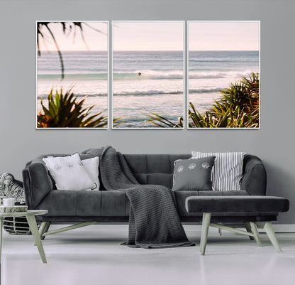 23287092-MGV-FC-60X30-3P_White-Ocean Surfer Wall Art Canvas Print, Framed Coastal Surf Art Picture Print, Tropical Beach Perfect Tropical Coastal Decor Artwork
