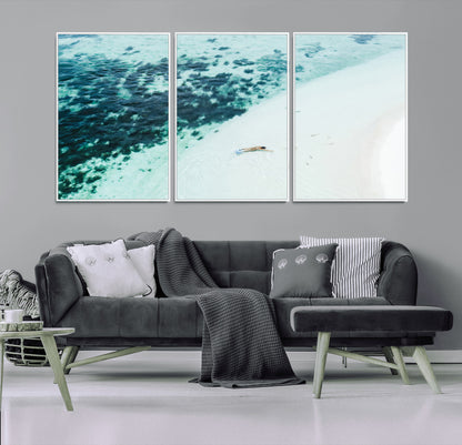 33764764-MGV-FC-60X30-3P_White-Minimal Beach Wall Art Canvas Print, Framed Ocean Swimming Art Picture Print, Clear Ocean Perfect Minimal Coastal Decor Artwork