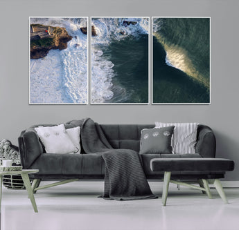 37405684-MGV-FC-60X30-3P_White-Nazare Coast Wall Art Canvas Print, Framed Aerial Ocean Art Picture Print, Coastal Fortress Perfect Dramatic Coastal Decor Artwork