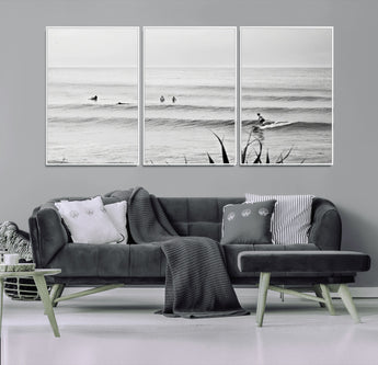 33821421-MGV-FC-60X30-3P_White-Surfer Silhouette Wall Art Canvas Print, Framed Calm Ocean Art Picture Print, Monochrome Surf Perfect Minimalist Coastal Decor