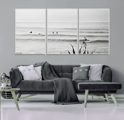 33821421-MGV-FC-60X30-3P_White-Surfer Silhouette Wall Art Canvas Print, Framed Calm Ocean Art Picture Print, Monochrome Surf Perfect Minimalist Coastal Decor