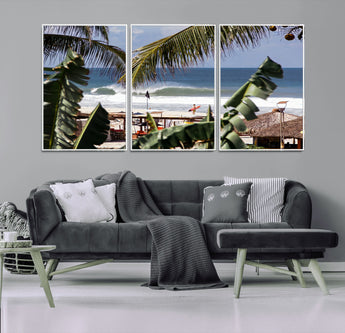 34722557-MGV-FC-60X30-3P_White-Tropical Shoreline Wall Art Canvas Print, Framed Surfer Beach Art Picture Print, Coastal Surf Perfect Tropical Coastal Decor