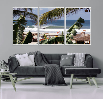34722557-MGV-FC-60X30-3P_White-Tropical Shoreline Wall Art Canvas Print, Framed Surfer Beach Art Picture Print, Coastal Surf Perfect Tropical Coastal Decor