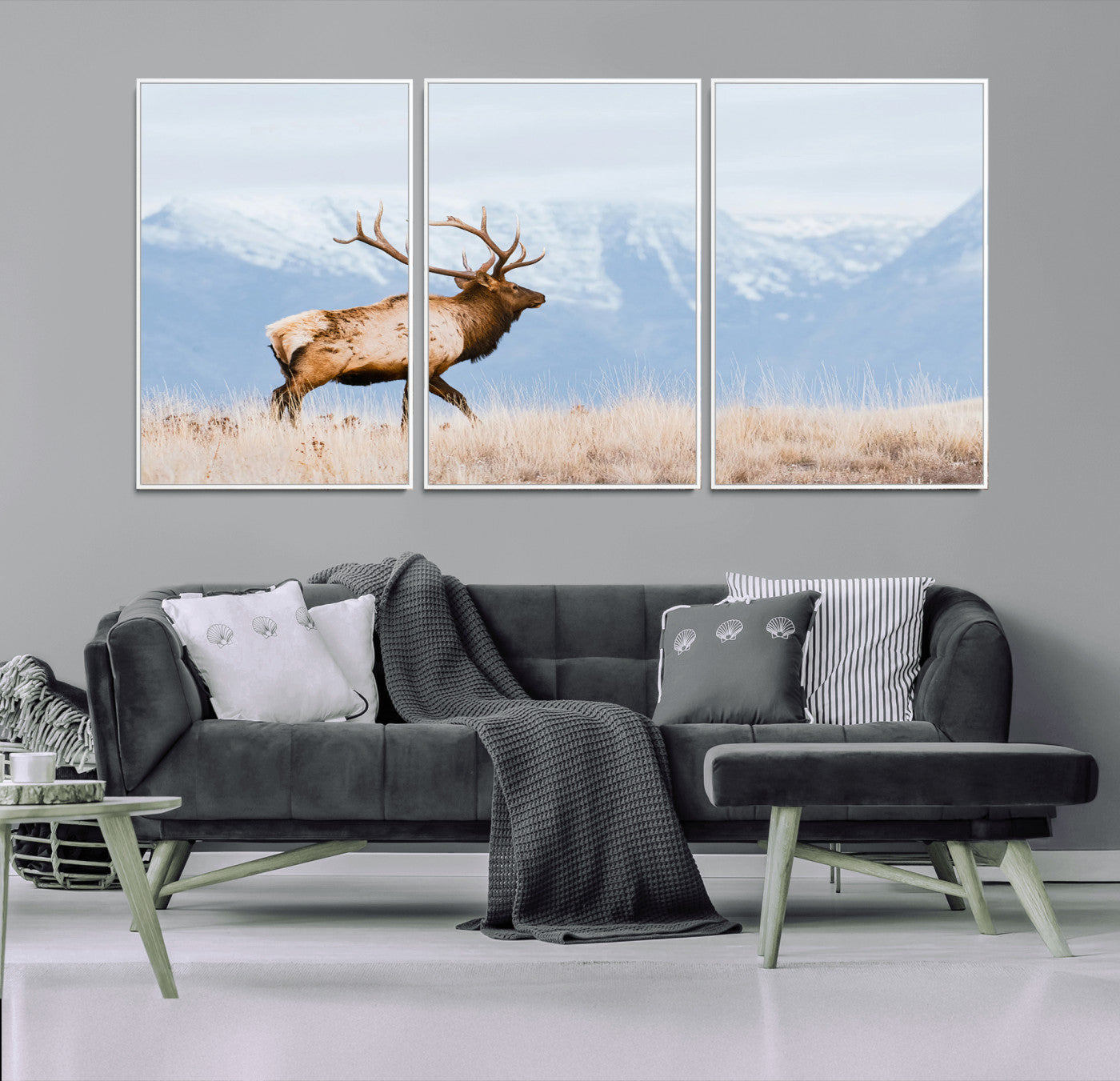 96024025-MGV-FC-60X30-3P_White-Elk Photography Wall Art Canvas Print, Framed Mountain Wildlife Art Picture Print, Rustic Lodge Decor Perfect Rustic Lodge Decor