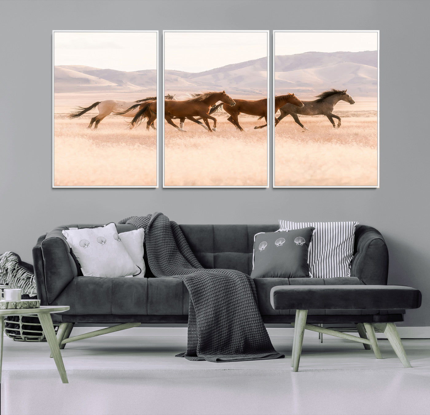 83644685-MGV-FC-60X30-3P_White-Wild Horse Art Wall Art Canvas Print, Framed Rustic Western Art Picture Print, Desert Horse Scene Perfect Rustic Western Decor