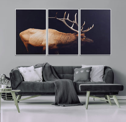91871131-MGV-FC-60X30-3P_White-Rustic Elk Art Wall Art Canvas Print, Framed Moody Wildlife Decor Art Picture Print, Western Animal Print Perfect Western Lodge