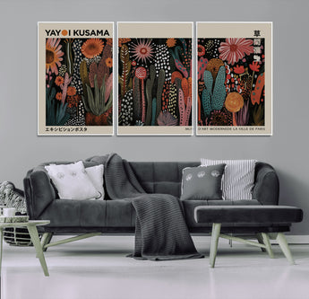 28344895-MGV-FC-60X30-3P_White-Dark Floral Abstract Wall Art Poster – Modern Botanical Canvas Print with Beige Border, Kusama Inspired Boho Flower Painting,