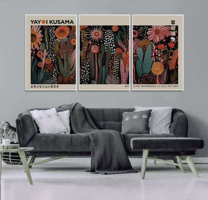 28344895-MGV-FC-60X30-3P_White-Dark Floral Abstract Wall Art Poster – Modern Botanical Canvas Print with Beige Border, Kusama Inspired Boho Flower Painting,