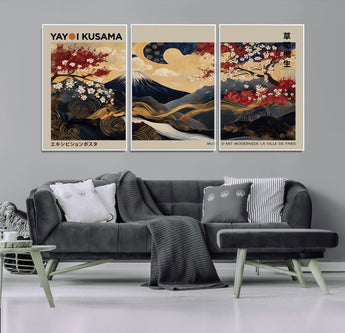 54967195-MGV-CV-36X24-Mount Fuji Wall Art – Japanese Cherry Blossom Abstract Canvas Print, Navy Gold Landscape Painting, Oriental Luxury Home Decor