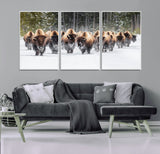 22695857-MGV-FC-60X30-3P_White-Bison Herd Scene Wall Art Canvas Print, Framed Western Wildlife Art Picture Print, Rustic Animal Art Perfect Rustic Lodge Decor