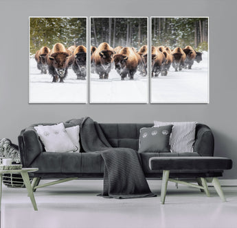 22695857-MGV-CV-36X24-Bison Herd Scene Wall Art Canvas Print, Framed Western Wildlife Art Picture Print, Rustic Animal Art Perfect Rustic Lodge Decor