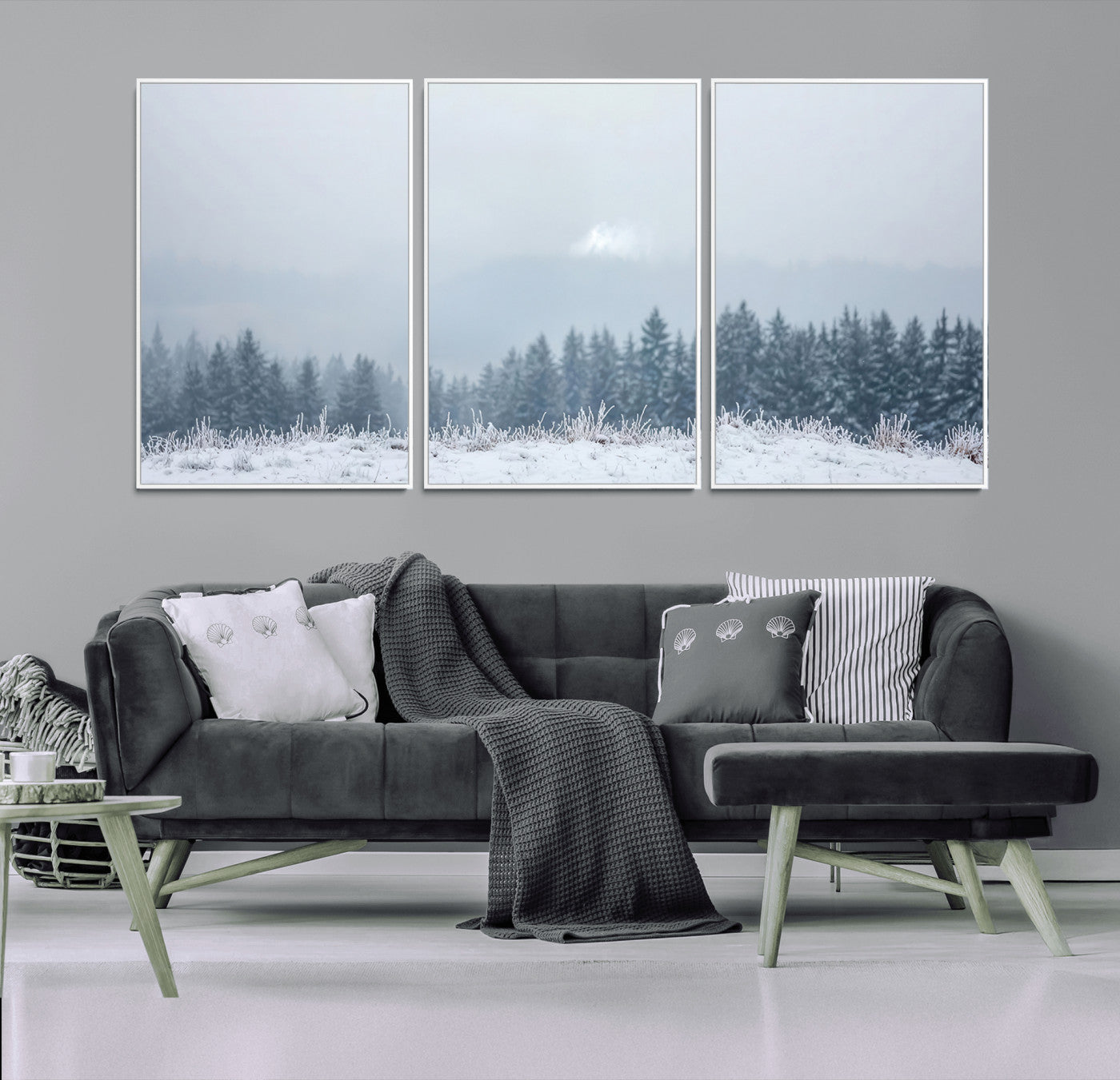 33033082-MGV-FC-60X30-3P_White-Winter Forest Art Wall Art Canvas Print, Framed Snowy Landscape Art Picture Print, Misty Tree Scene Perfect Nordic Minimalist