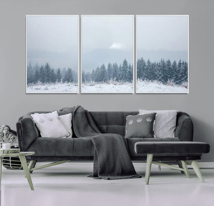 33033082-MGV-CV-36X24-Winter Forest Art Wall Art Canvas Print, Framed Snowy Landscape Art Picture Print, Misty Tree Scene Perfect Nordic Minimalist