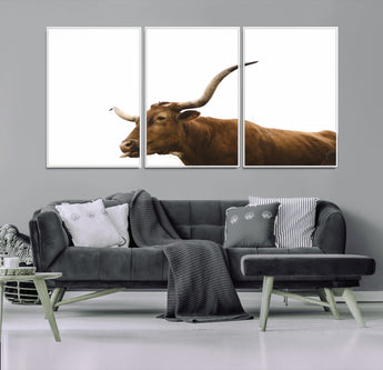 62566114-MGV-FC-60X30-3P_White-Longhorn Cow Art Wall Art Canvas Print, Framed Rustic Animal Decor Art Picture Print, Texas Bull Photo Perfect Rustic Farmhouse