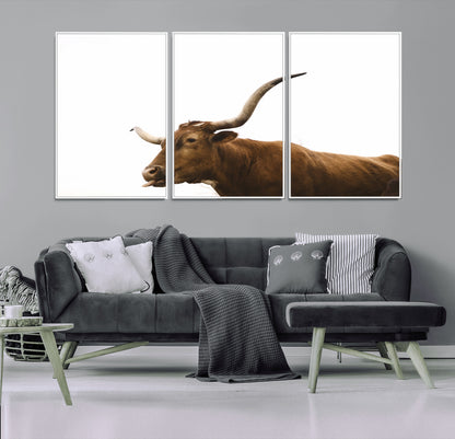 62566114-MGV-FC-60X30-3P_White-Longhorn Cow Art Wall Art Canvas Print, Framed Rustic Animal Decor Art Picture Print, Texas Bull Photo Perfect Rustic Farmhouse