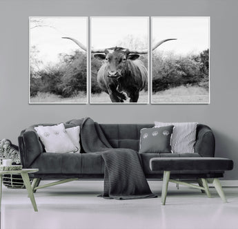 97280319-MGV-FC-60X30-3P_White-Longhorn Photography Wall Art Canvas Print, Framed Western Cow Decor Art Picture Print, Texas Ranch Style Perfect Rustic Farmhouse